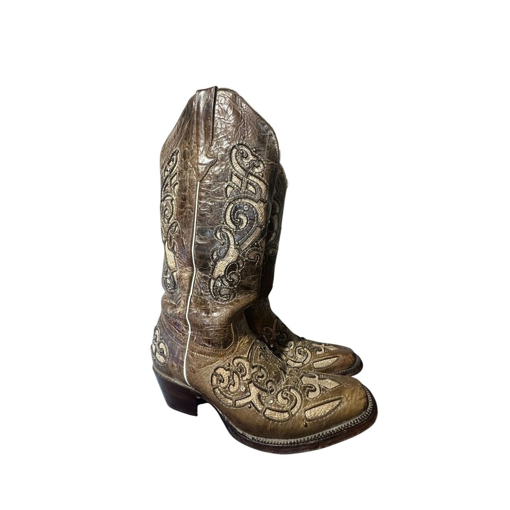 Joe Boots Arles Womens 9 Leather Brown Square Toe Western Crystal Made in Mexico